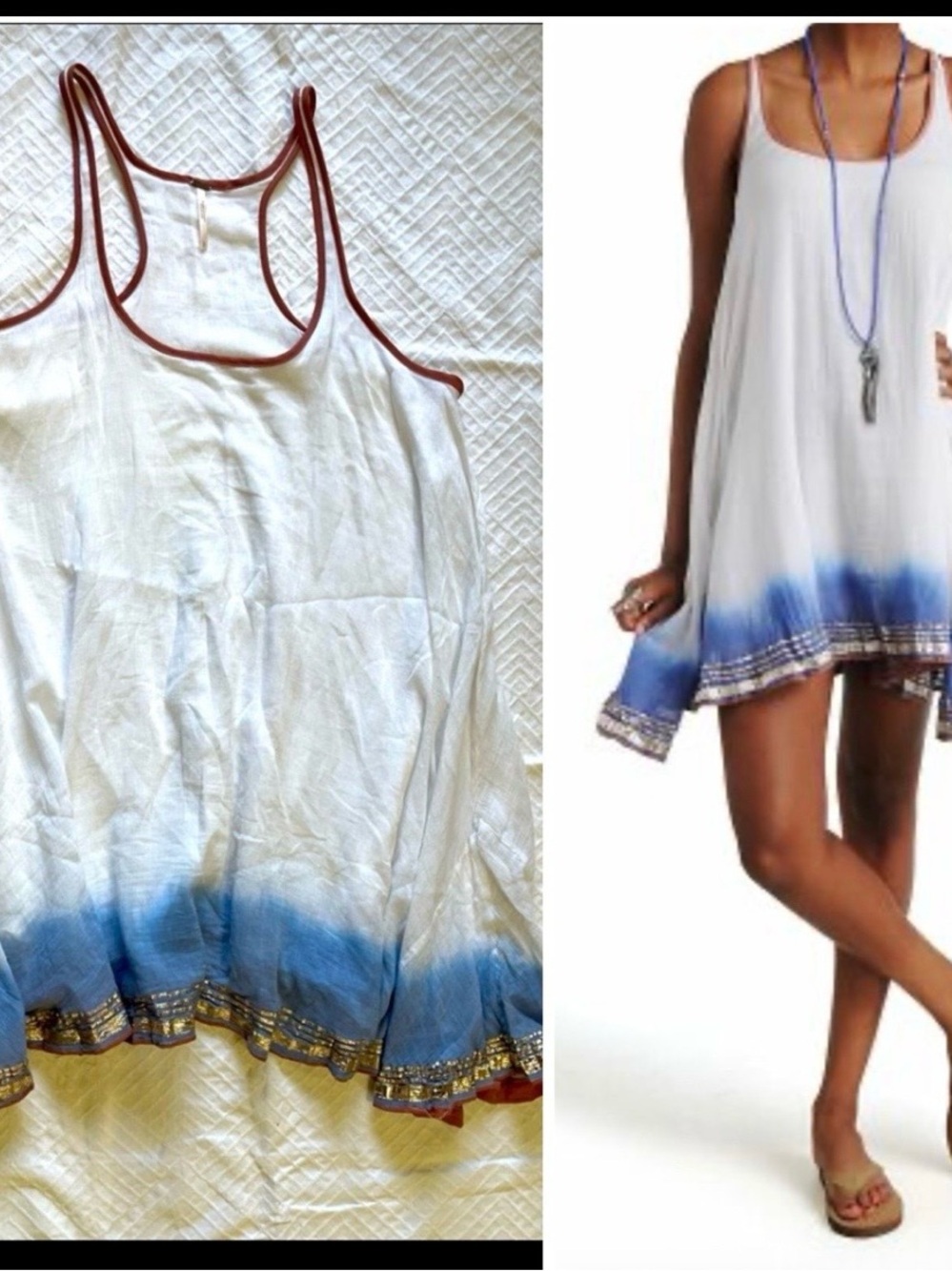 Free People White Tunic Dress with Blue Dip-Dye Hem Sz small